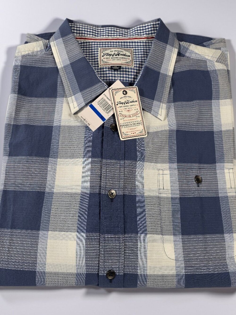 Flag & Anthem Sp21Ws057 Button Up Shirt Xl Long Sleeve Plaid Navy Blue Gray Whit